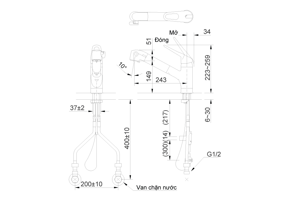 Bản vẽ kỹ thuật vòi bếp nóng lạnh INAX JF-AB466SYX(JW)