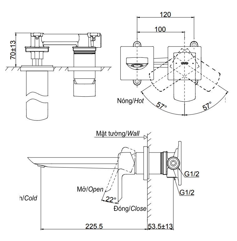 Bản vẽ vòi lavabo TLG02311B TOTO gắn tường