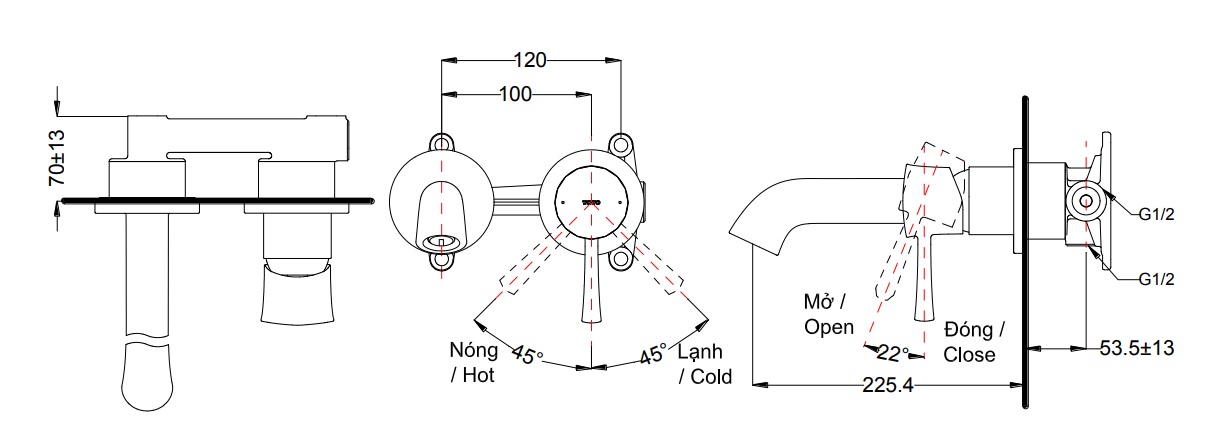 bản vẽ vòi chậu gật gù TOTO TLS02308B nóng lạnh gắn tường