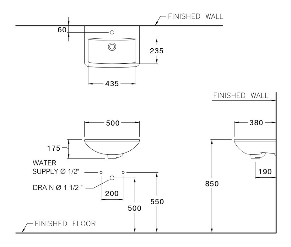 Bản vẽ kỹ thuật chậu lavabo treo tường Cotto C00580 