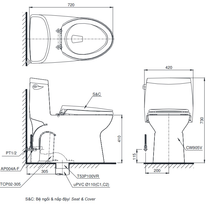 Bản vẽ kỹ thuật xí bệt TOTO MS905t8