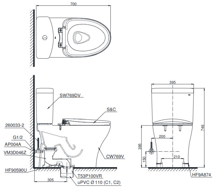 Bản vẽ kỹ thuật xí bệt TOTO CS769DT3