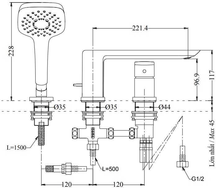 Bản vẽ sen tắm xả bồn TBG02305B gật gù có tay sen cầm tay