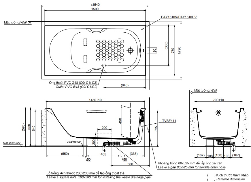 Bản vẽ kỹ thuật bồn tắm TOTO PAY1515HVC-TBVF411