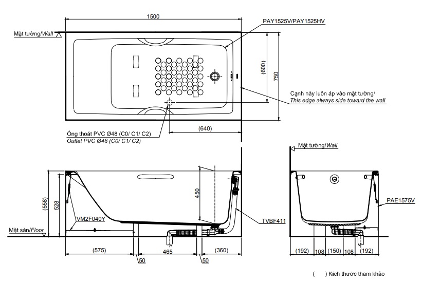 Bản vẽ kỹ thuật bồn tắm TOTO PAY1525HVC-TBVF411