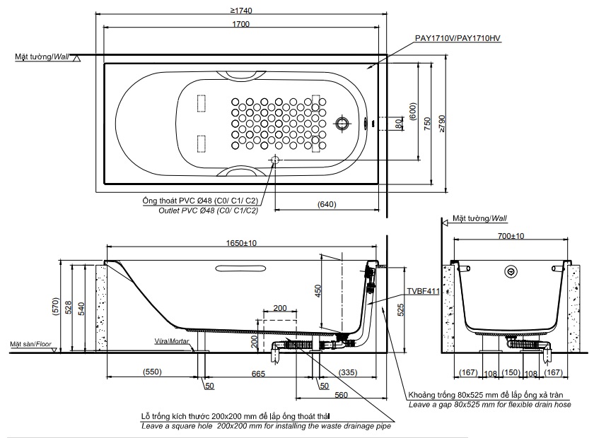 Bản vẽ kỹ thuật bồn tắm TOTO PAY1710V-TBVF411