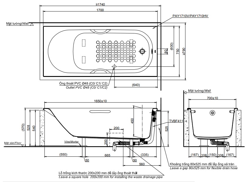 Bản vẽ kích thước bồn tắm TOTO PAY1710HV TVBF411