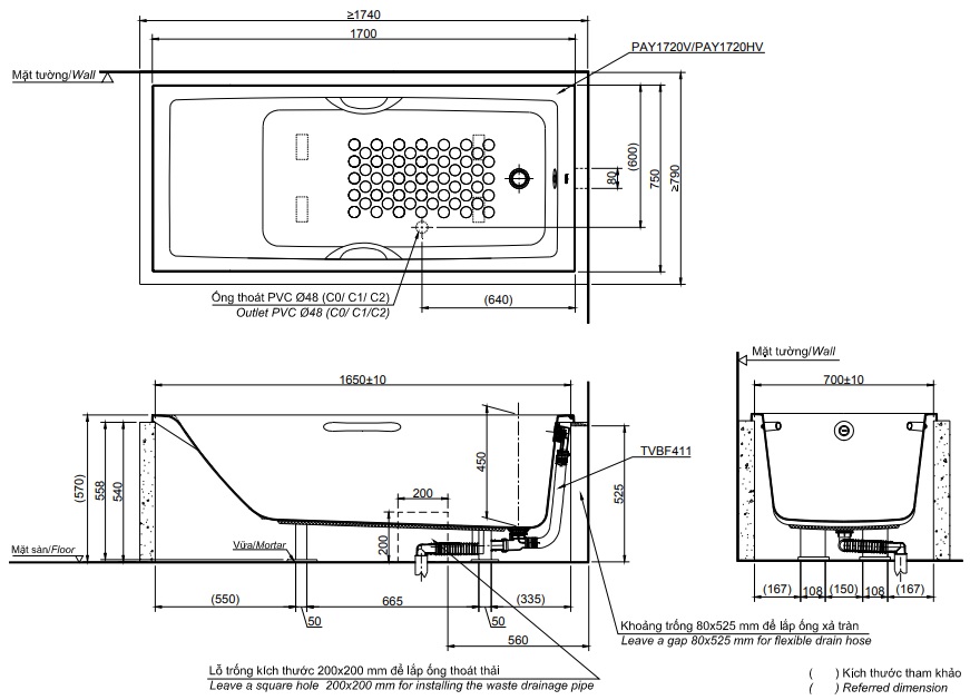 Bản vẽ kỹ thuật bồn tắm TOTO PAY1720HV-TBVF411