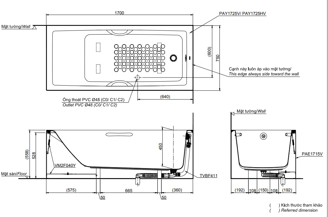 Bản vẽ kỹ thuật bồn tắm TOTO PAY1725VC-TBVF411