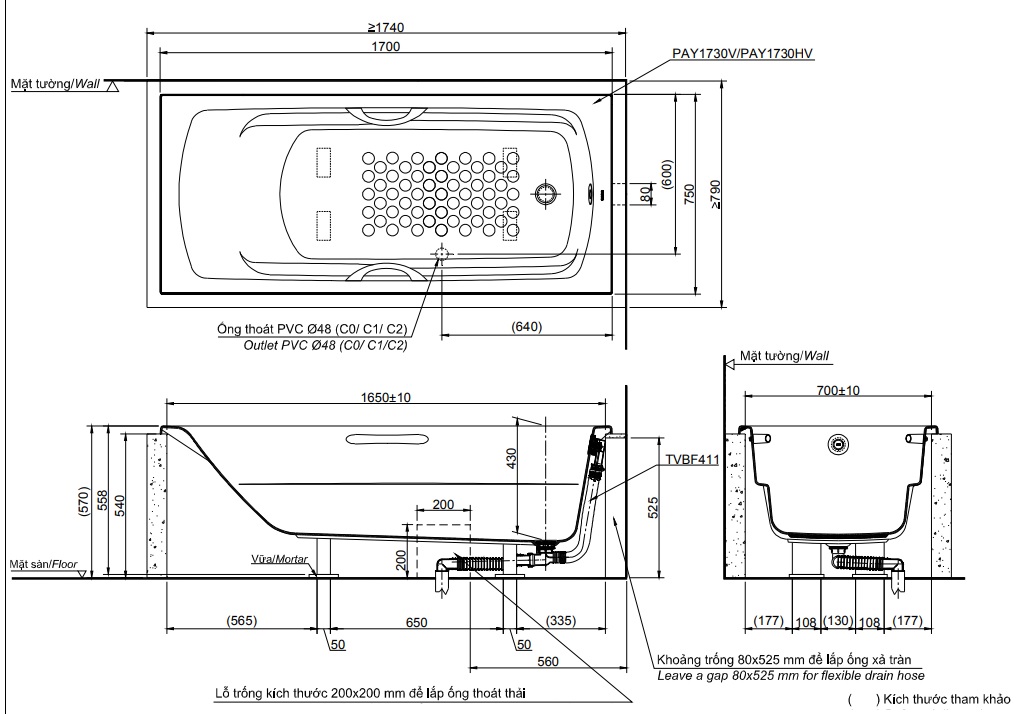 Bản vẽ kỹ thuật bồn tắm TOTO PAY1730HV-TBVF411