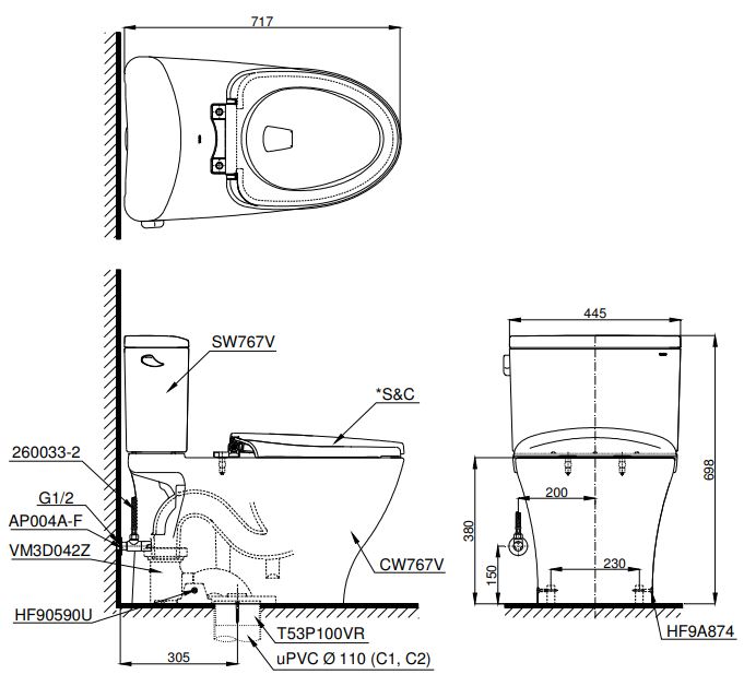 Bản vẽ bồn cầu 2 khối TOTO CS767T2