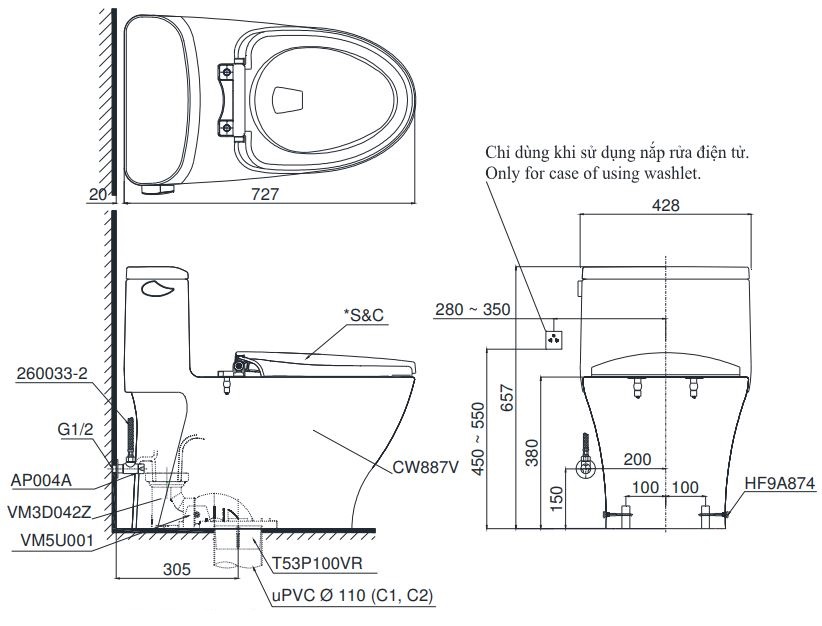 Bản vẽ bồn cầu 1 khối TOTO MS887W11