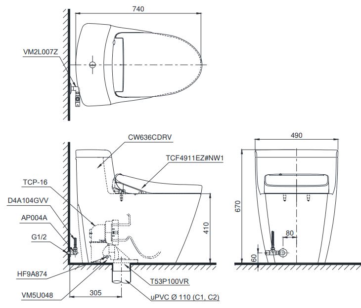 Bản vẽ bồn cầu 1 khối TOTO MS636CDRW12