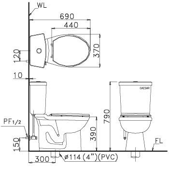 Bản vẽ bồn cầu Caesar CTS1325 - Xí bệt bàn cầu vệ sinh 2 khối