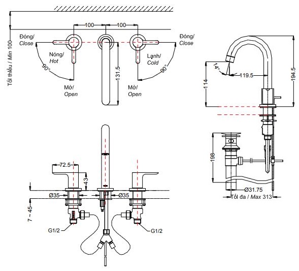 Bản vẽ vòi gắn chậu lavabo TOTO TLS01201B