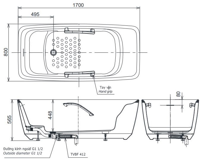 Bản vẽ bồn tắm nằm PJY1724PWEN màu MW TOTO