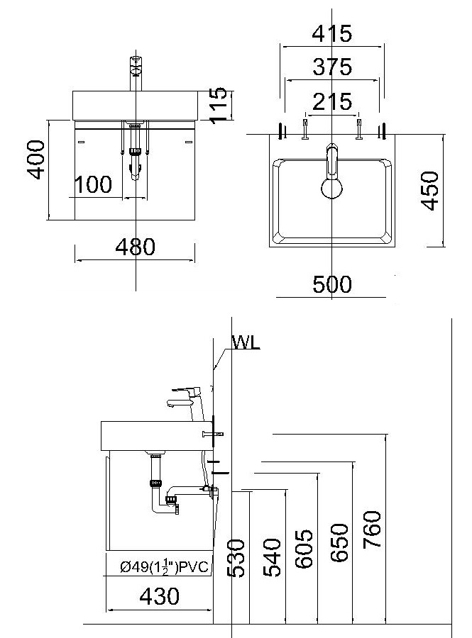 Bản vẽ kỹ thuật chậu rửa mặt LF5253 EH152WG treo tường