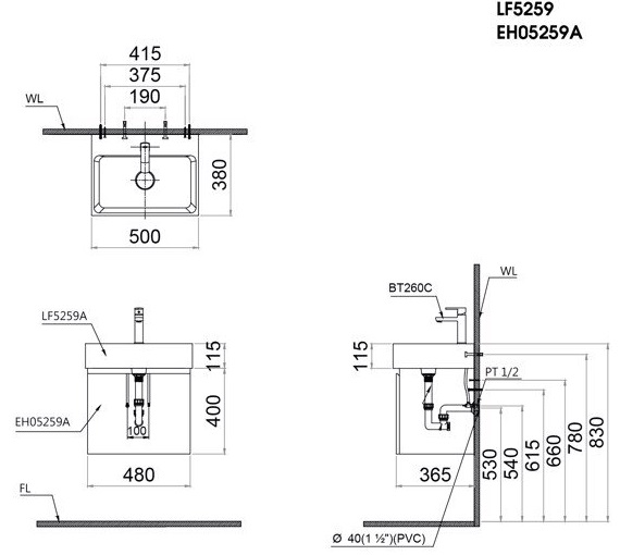 Bộ Tủ Lavabo Caesar LF5259/EH05259ATG Xám Đậm