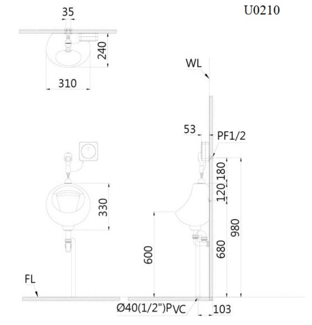Bản vẽ kỹ thuật bồn tiểu treo tường caesar U 0210