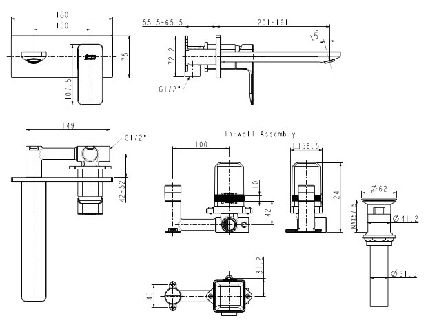 Bản vẽ kỹ thuật vòi lavabo âm tường WF-1304 nóng lạnh American 