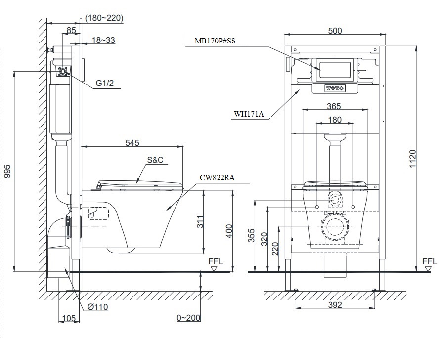 Bản vẽ kỹ thuật xí bệt CW822 -MB174P-WH172A