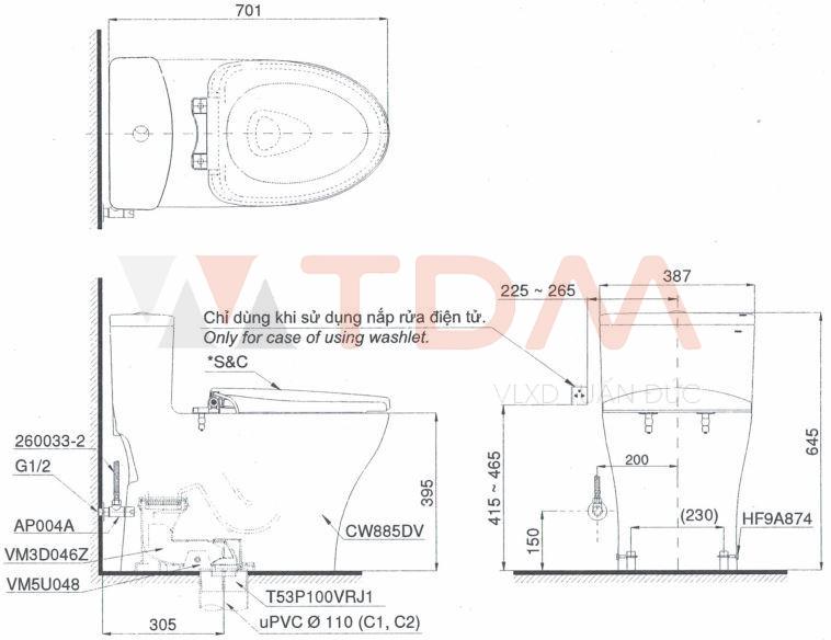 Bản vẽ kỹ thuật bàn cầu TOTO MS885DE4