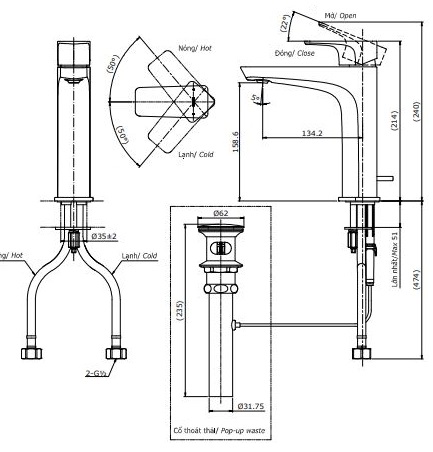 Bản vẽ kỹ thuật vòi nước TOTO nóng lạnh TLG07303V