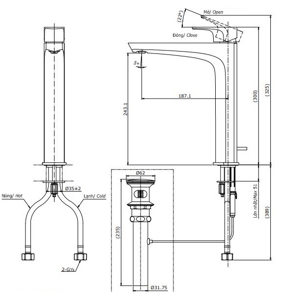 Bản vẽ kỹ thuật vòi nước TOTO nóng lạnh TLG07305V