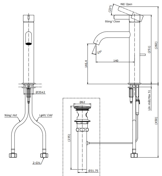 Bản vẽ kỹ thuật vòi nước TOTO nóng lạnh TLG11303V 