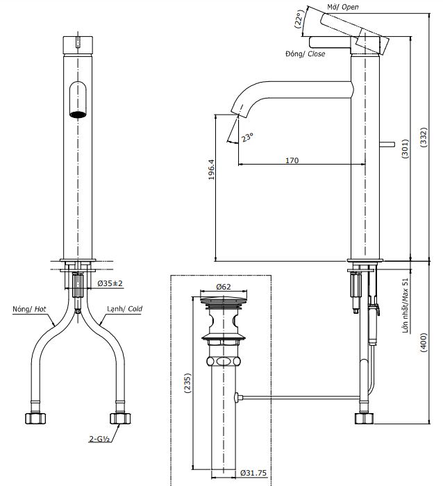 Bản vẽ kỹ thuật vòi nước TOTO nóng lạnh TLG11305V 