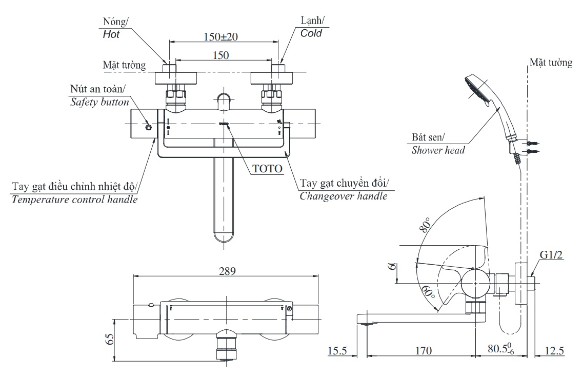 Bản vẽ kỹ thuật vòi sen nóng lạnh TOTO TBV03429V/DGH108ZR