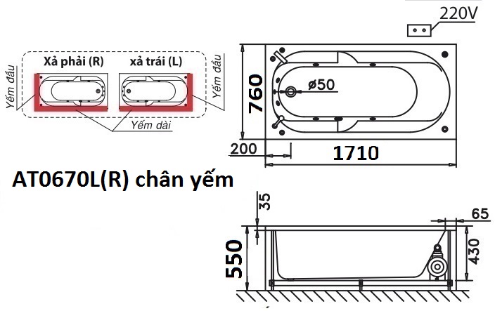 Bản vẽ kỹ thuật bồn tắm dài Caesar AT0670L(R) 1.7M