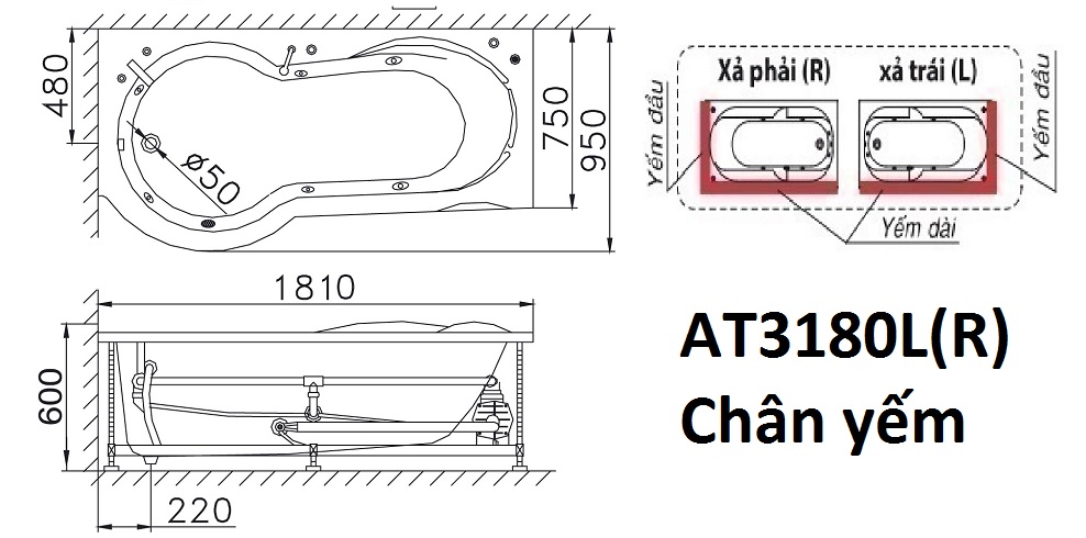 Bản vẽ kỹ thuật bồn tắm dài Caesar AT3180L(R) 1.8M