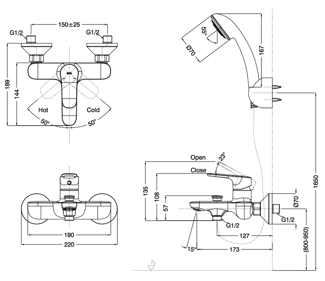 Bản vẽ vòi hoa sen tắm Inax BFV-1403S-7C