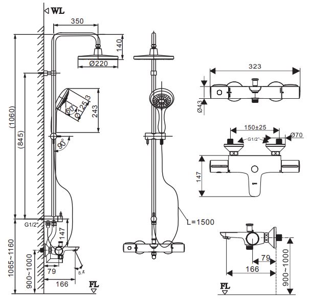 Bản vẽ vòi sen cây INAX BFV-3415T-8C nóng lạnh