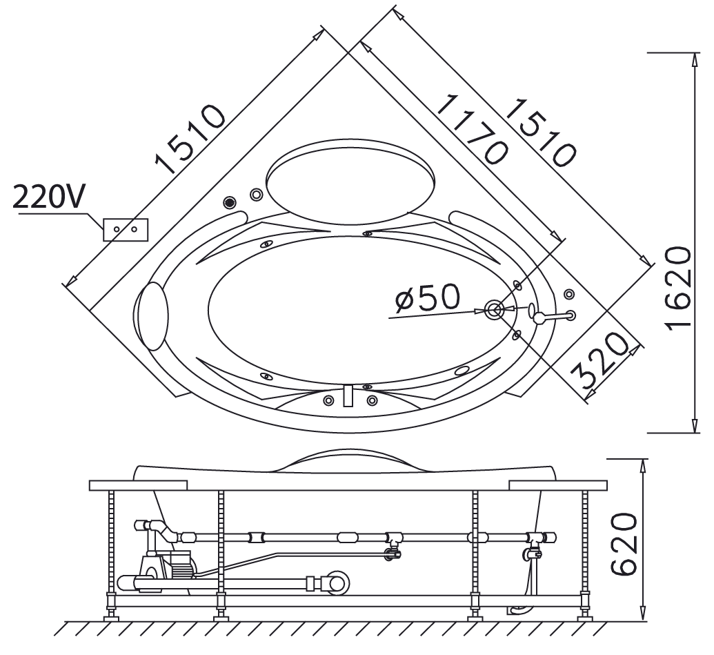 Bản vẽ kỹ thuật bồn tắm dài Caesar AT5150A 1.5M