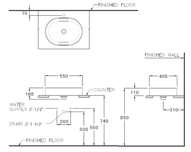 Bản vẽ kỹ thuật chậu lavabo đặt bàn Cotto C00343(MBK)