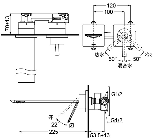 Bản vẽ vòi lavabo TLP02310B TOTO gắn tường