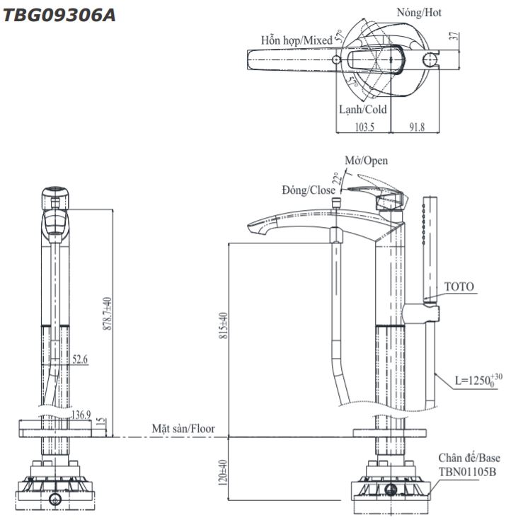 Bản vẽ vòi xả bồn đặt sàn Toto TBG09306A TBN01105B