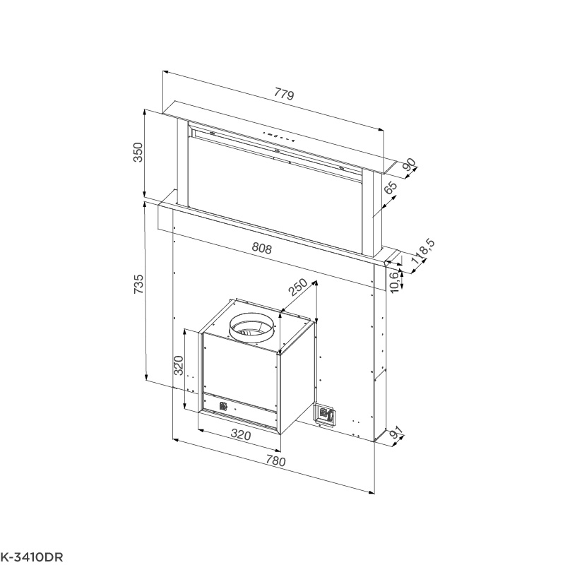 Bản vẽ kỹ thuật máy hút mùi áp tường K-3410DR Malloca