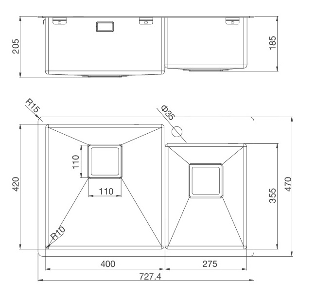 Bản vẽ kỹ thuật chậu inox Malloca MS 620T rửa chén bát