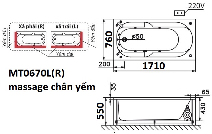 Bản vẽ kỹ thuật bồn tắm dài Caesar MT0670L(R) 1,7M