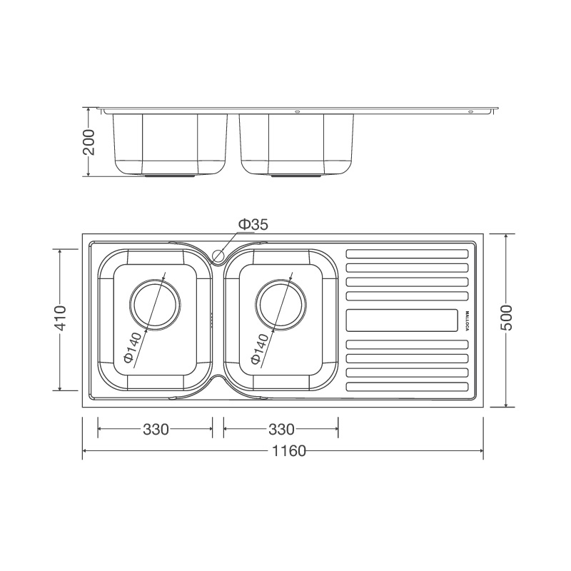 Bản vẽ kỹ thuật chậu inox 304 Malloca MS 1025R NEW rửa chén bát