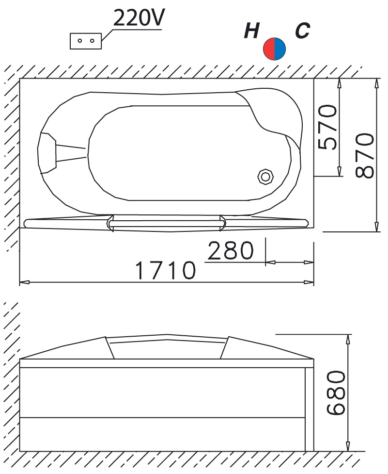 Bản vẽ kỹ thuật bồn tắm dài Caesar MT3370L(R) 1,7M