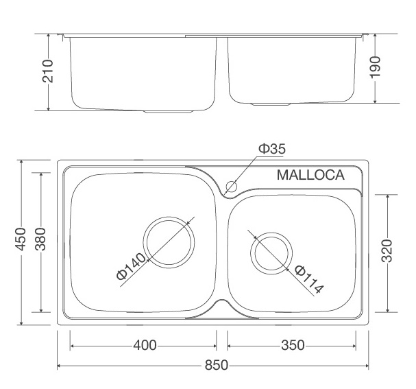 Bản vẽ kỹ thuật chậu inox 304 Malloca MS 1011 NEW rửa chén bát