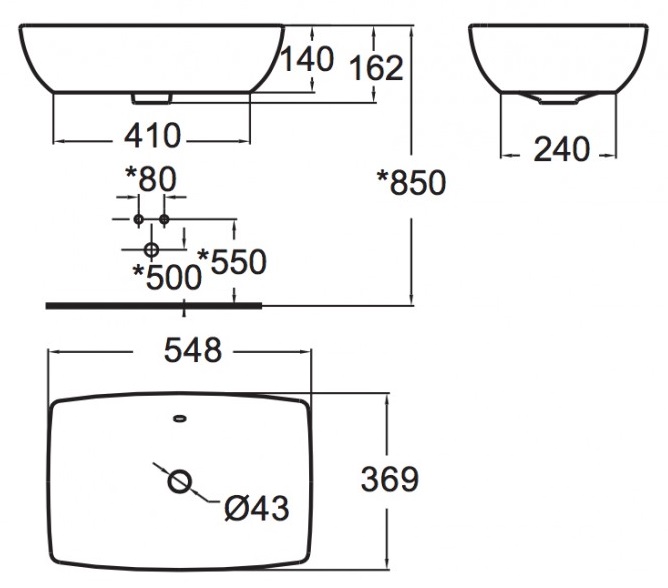 Bản vẽ chậu rửa mặt WPF650 đặt trên bàn đá