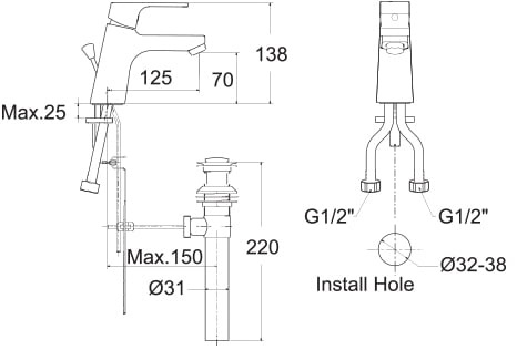 Bản vẽ vòi chậu rửa mặt American WF 0401