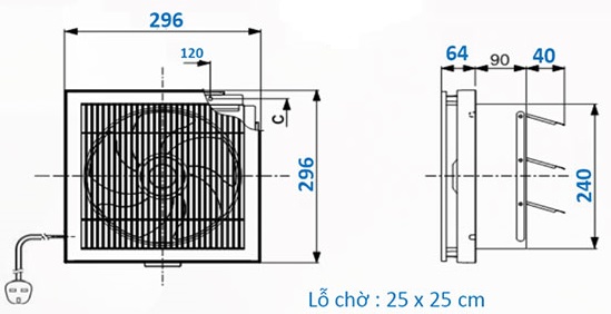 Bản vẽ kỹ thuật quạt thông gió ốp tường EX-15SK5-E Mitsubishi