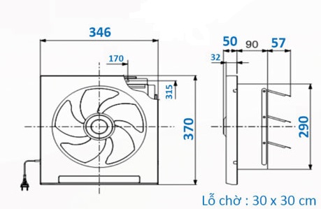 Bản vẽ kỹ thuật quạt hút thông gió ốp tường EX-25SH5T Mitsubishi