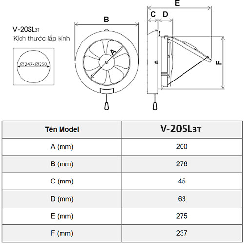 Bản vẽ kỹ thuật quạt hút thông gió ốp kính V-20SL3/6T Mitsubishi